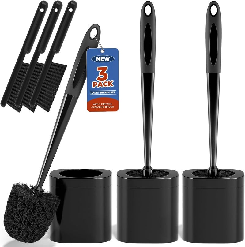 Holaloha Toilet Brush, 3 Pack Toilet Brush and Holder Set Bathroom Accessories, Toilet Bowl Brush and Holder with 3 Crevice Brush for Bathroom, Toilet Scrubber Brush (Black) - Image 1